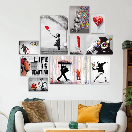 Giallobus Banksy 10 részes falikép szett MDF fából, többrészes dekoráció, falra szerelhető