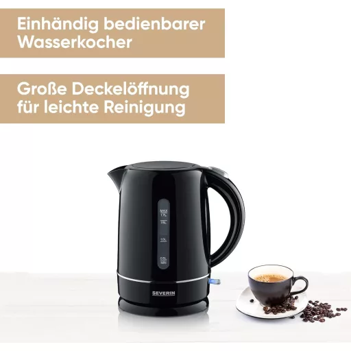SEVERIN 1,7 literes vízforraló fekete, 2200W, kompakt, vízkőszűrő