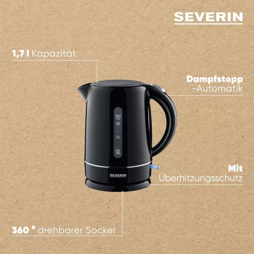 SEVERIN 1,7 literes vízforraló fekete, 2200W, kompakt, vízkőszűrő