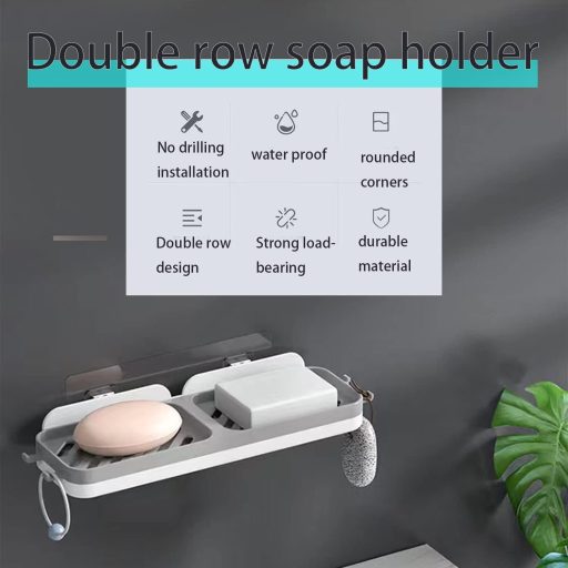 RCQD Szappantartó Tálca Lefolyóval - Fúrás Nélküli Fürdőszobai és Konyhai Szappantartó, Szürke Műanyag, Falra Szerelhető, Vízelvezető Rendsz