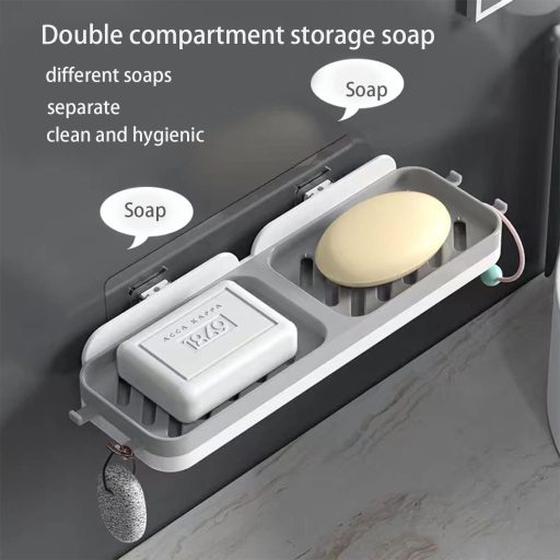 RCQD Szappantartó Tálca Lefolyóval - Fúrás Nélküli Fürdőszobai és Konyhai Szappantartó, Szürke Műanyag, Falra Szerelhető, Vízelvezető Rendsz