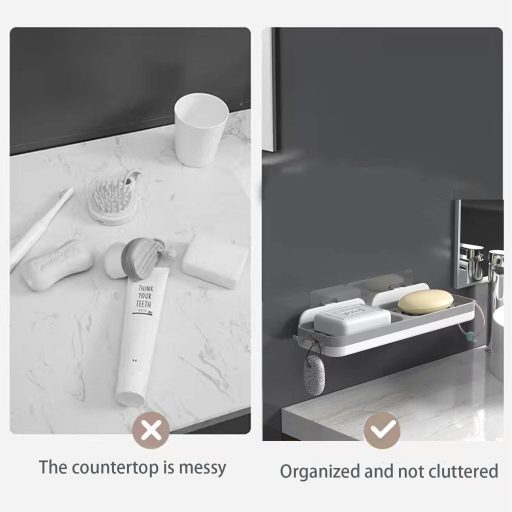 Tăviță Săpun RCQD cu Drenaj - Suport de Săpun pentru Baie și Bucătărie Fără Găurire, Plastic Gri, Montare pe Perete, Sistem de Drenare