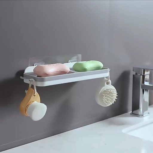 Tăviță Săpun RCQD cu Drenaj - Suport de Săpun pentru Baie și Bucătărie Fără Găurire, Plastic Gri, Montare pe Perete, Sistem de Drenare