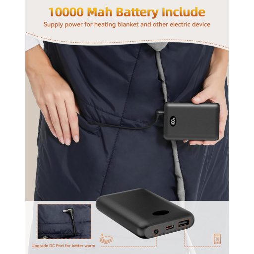 Pătură electrică încălzitoare FERNIDA, cu acumulator 7.4V, șal încălzit fără fir pentru acasă, birou, călătorii, drumeții, albastru.