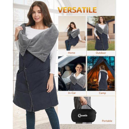 Pătură electrică încălzitoare FERNIDA, cu acumulator 7.4V, șal încălzit fără fir pentru acasă, birou, călătorii, drumeții, albastru.