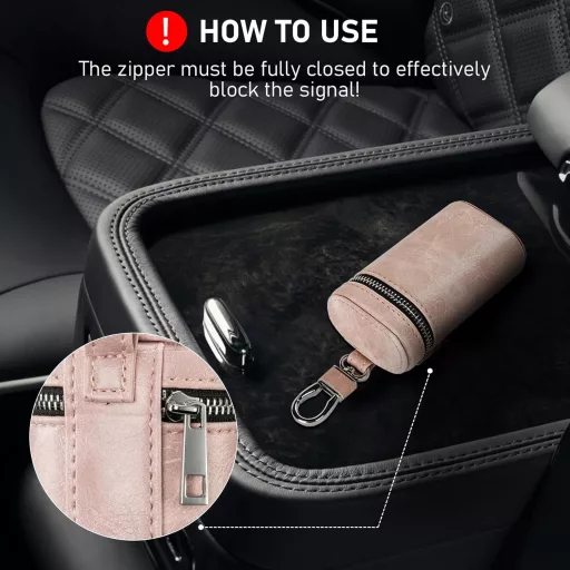 Husă Faraday pentru chei auto MOLSHINE cu protecție RFID, piele roz, blocator Keyless Go