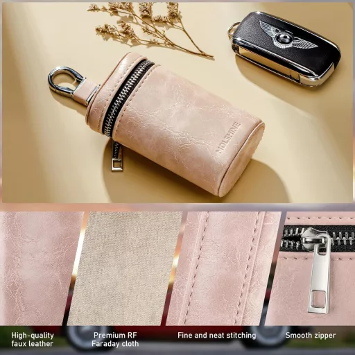 Husă Faraday pentru chei auto MOLSHINE cu protecție RFID, piele roz, blocator Keyless Go