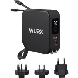   Wurk 5 v 1 PowerPack – 10000mAh Powerbank s bezdrôtovým nabíjaním, vstavaným USB-C a Lightning káblom, cestovným adaptérom a rýchlym nabíjaním