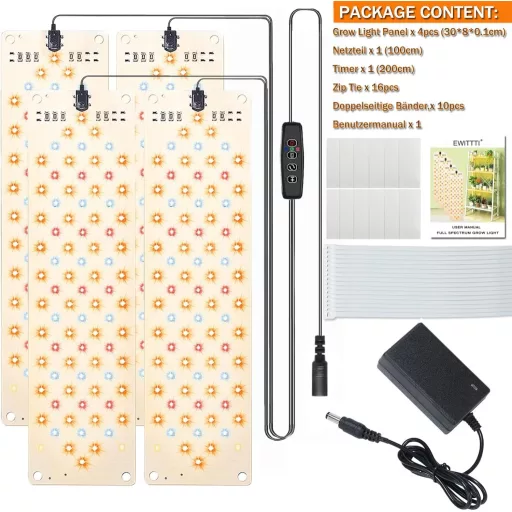 Lampa LED pentru plante EWITTTI cu Spectru Complet - 316 LED-uri, Timer 3/9/12 Ore, 10 Nivele de Luminozitate, Aluminiu, pentru Cultivarea Plantelor la Interior, 4 Panouri