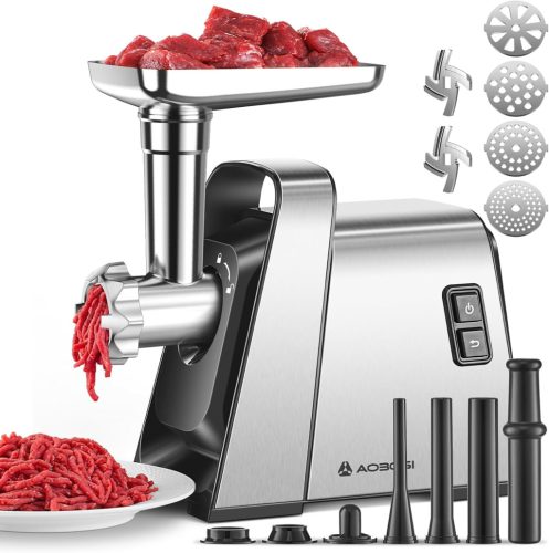 Tocător de carne electric AAOBOSI 3000W 3-în-1 - Mașină de tocat carne din oțel inoxidabil cu 4 discuri, funcție de cuburi și umplere cârnați