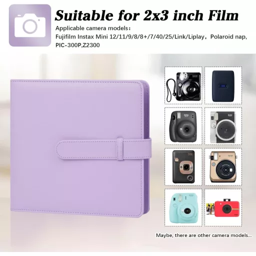 Ruibytree 360 Fotóalbum Fujifilm Instax Mini 12 11 9 40 és Polaroid Snap Instant Fényképezőgépekhez, 86x54mm Képekhez, Lila PU Bőr Borítássa