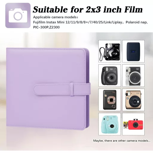 Ruibytree 360 Fotóalbum Fujifilm Instax Mini 12 11 9 40 és Polaroid Snap Instant Fényképezőgépekhez, 86x54mm Képekhez, Lila PU Bőr Borítássa