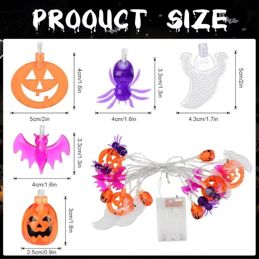 CHMMY Halloween LED Fényfüzér 20 LED-del - Tök, Szellem, Denevér Díszekkel - 2 Világítási Mód, Vízálló, Beltéri-Kültéri Dekoráció