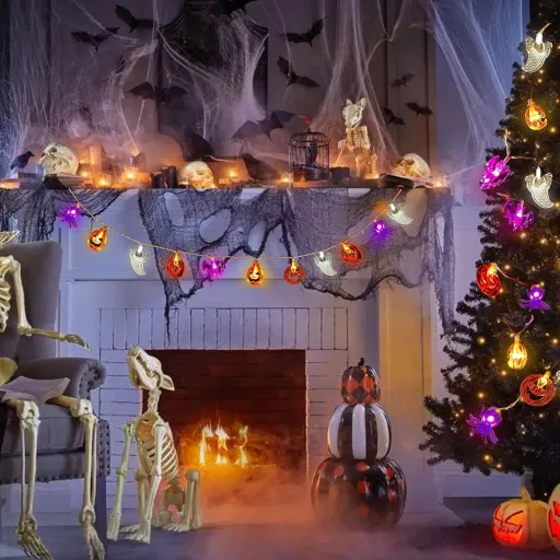 CHMMY Halloween LED Fényfüzér 20 LED-del - Tök, Szellem, Denevér Díszekkel - 2 Világítási Mód, Vízálló, Beltéri-Kültéri Dekoráció