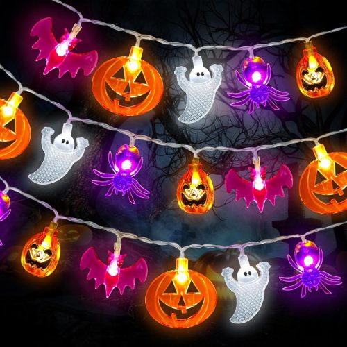 CHMMY Halloween LED Fényfüzér 20 LED-del - Tök, Szellem, Denevér Díszekkel - 2 Világítási Mód, Vízálló, Beltéri-Kültéri Dekoráció