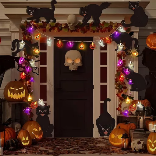 CHMMY Halloween LED Fényfüzér 20 LED-del - Tök, Szellem, Denevér Díszekkel - 2 Világítási Mód, Vízálló, Beltéri-Kültéri Dekoráció