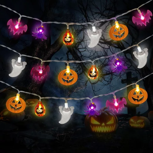 CHMMY Halloweenska LED svetelná reťaz s 20 LED diódami - S ozdobami tekvíc, duchov a netopierov - 2 režimy svietenia, vodoodolná, vnútorná a vonkajšia dekorácia