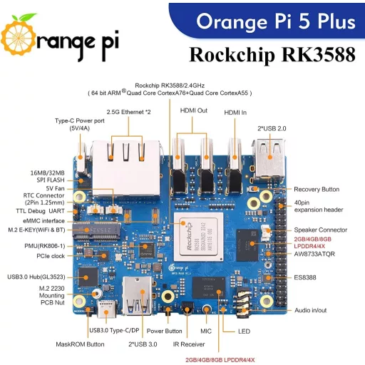 GeeekPi Orange Pi 5 Plus 16GB - Calculator monocuplă cu 8 nuclee RK3588, cu slot eMMC, carcasă metalică, ventilator și sursă de alimentare oficială 5V 4A
