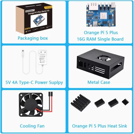 GeeekPi Orange Pi 5 Plus 16GB - Calculator monocuplă cu 8 nuclee RK3588, cu slot eMMC, carcasă metalică, ventilator și sursă de alimentare oficială 5V 4A