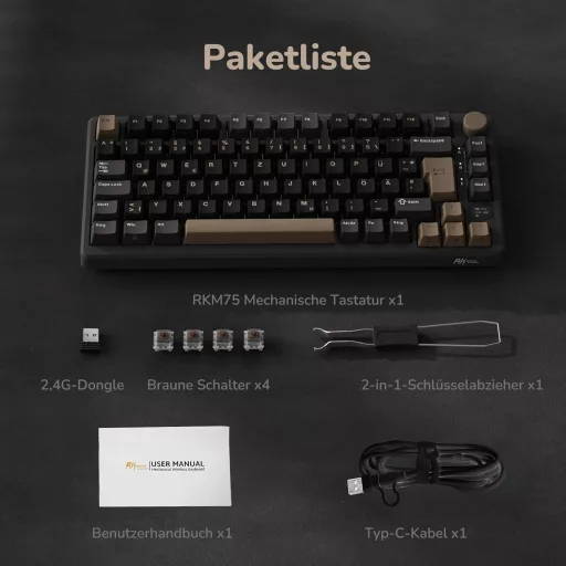 RK ROYAL KLUDGE M75 75% TKL Mechanická Herná Klávesnica, RGB Podsvietenie, OLED Displej, Hot-Swap Brown Spínače, Bezdrôtová/Bluetooth