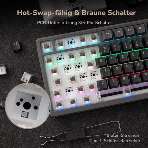 RK ROYAL KLUDGE M75 75% TKL Mechanikus Gamer Billentyűzet, RGB Háttérvilágítás, OLED Kijelző, Hot-Swap Brown Switch, Vezeték Nélküli/Bluetoo