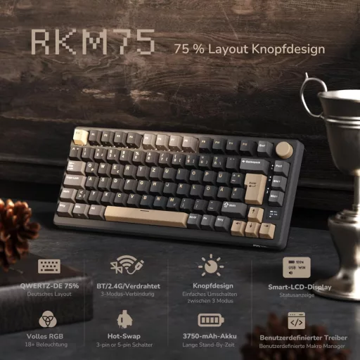 Tastatură Mecanică de Gaming RK ROYAL KLUDGE M75 75% TKL, Iluminare de Fundal RGB, Display OLED, Switch-uri Brown Hot-Swap, Wireless/Bluetooth