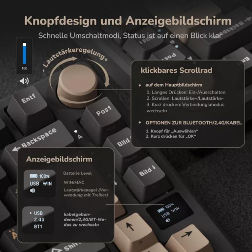 Tastatură Mecanică de Gaming RK ROYAL KLUDGE M75 75% TKL, Iluminare de Fundal RGB, Display OLED, Switch-uri Brown Hot-Swap, Wireless/Bluetooth