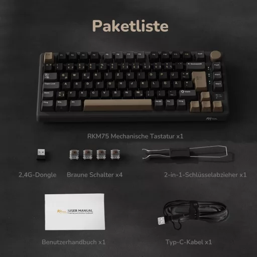 Tastatură Mecanică de Gaming RK ROYAL KLUDGE M75 75% TKL, Iluminare de Fundal RGB, Display OLED, Switch-uri Brown Hot-Swap, Wireless/Bluetooth