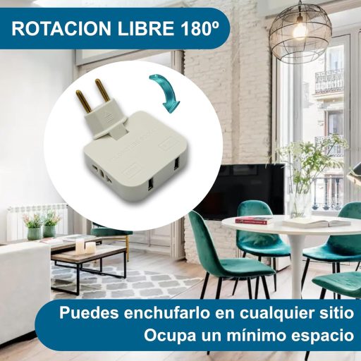 Triplu Ștecher Three Stars 4000W cu 4 Prize, 2 Porturi de Încărcare USB și Cap Rotativ la 180°