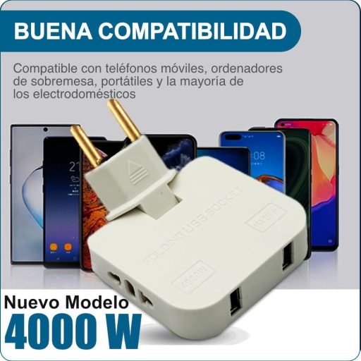 Three Stars 4000W Elosztó 4 Aljzat 2 USB Töltőport 180° Forgófejes Falitöltő