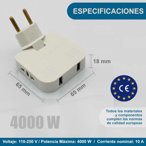 Triplu Ștecher Three Stars 4000W cu 4 Prize, 2 Porturi de Încărcare USB și Cap Rotativ la 180°