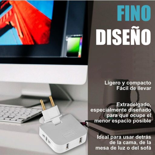 Triplu Ștecher Three Stars 4000W cu 4 Prize, 2 Porturi de Încărcare USB și Cap Rotativ la 180°