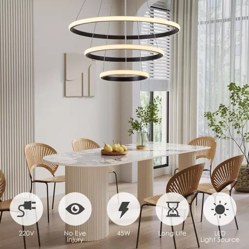 BRIMETI Modern Függőlámpa 3 Gyűrűs LED Csillár 45W - Távirányítóval Szabályozható Magasság, Fényerő és Színhőmérséklet - Étkezőbe, Nappaliba