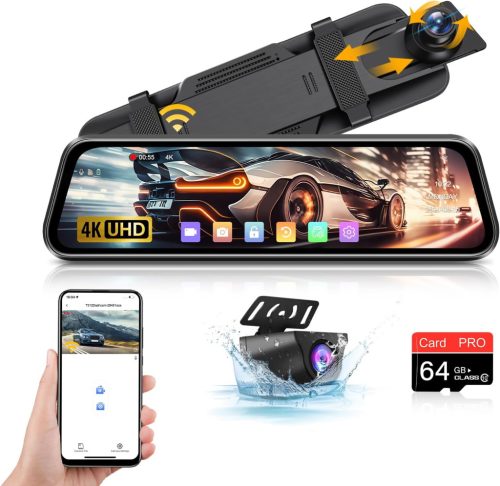 Cameră de Marșarier WiFi 4K cu Oglindă - Cameră Auto cu Ecran Tactil IPS de 10", cu Cameră Față-Spate, Card SD de 64GB și Asistență la Parcare