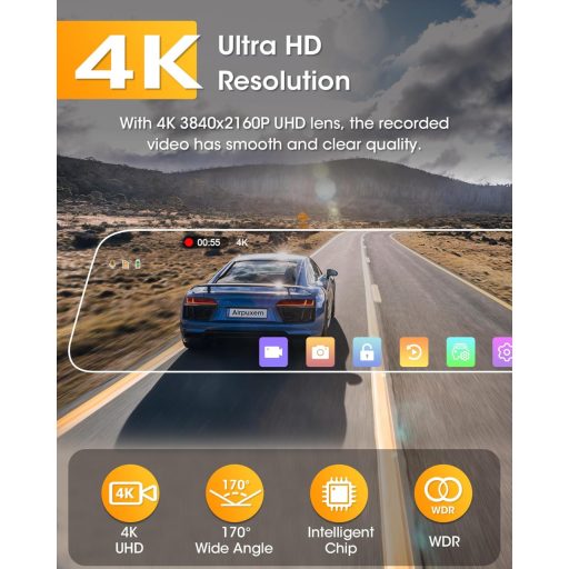 4K WiFi cúvacia kamera v spätnom zrkadle - 10" IPS dotykový displej, kamera do auta s prednou a zadnou kamerou, so 64GB SD kartou, s parkovacím asistentom.