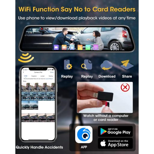 Cameră de Marșarier WiFi 4K cu Oglindă - Cameră Auto cu Ecran Tactil IPS de 10", cu Cameră Față-Spate, Card SD de 64GB și Asistență la Parcare