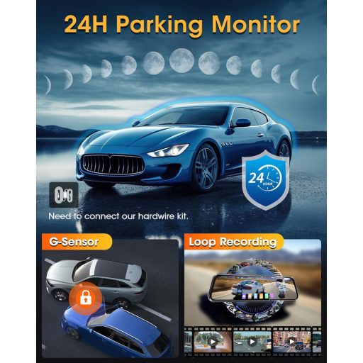 Cameră de Marșarier WiFi 4K cu Oglindă - Cameră Auto cu Ecran Tactil IPS de 10", cu Cameră Față-Spate, Card SD de 64GB și Asistență la Parcare