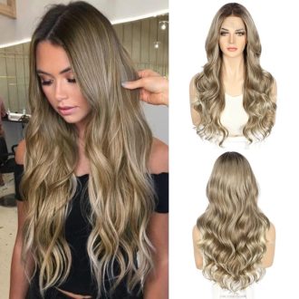   Sapphirewigs Hnedá Melírovaná Parochňa s Čipkovou Prednou Časťou - Vlnité Syntetické Vlasy, 66 cm, 150% Hustota, Prirodzený Vzhľad, Transparentná Čipka