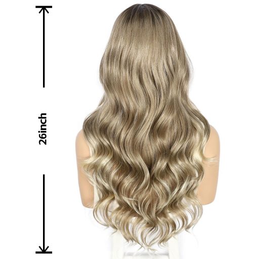 Sapphirewigs Hnedá Melírovaná Parochňa s Čipkovou Prednou Časťou - Vlnité Syntetické Vlasy, 66 cm, 150% Hustota, Prirodzený Vzhľad, Transparentná Čipka