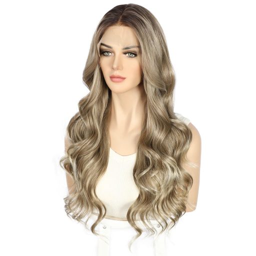 Sapphirewigs Hnedá Melírovaná Parochňa s Čipkovou Prednou Časťou - Vlnité Syntetické Vlasy, 66 cm, 150% Hustota, Prirodzený Vzhľad, Transparentná Čipka