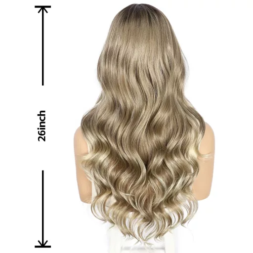 Sapphirewigs Hnedá Melírovaná Parochňa s Čipkovou Prednou Časťou - Vlnité Syntetické Vlasy, 66 cm, 150% Hustota, Prirodzený Vzhľad, Transparentná Čipka