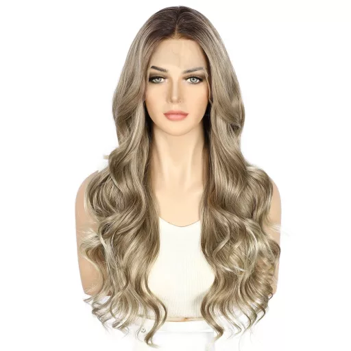 Sapphirewigs Hnedá Melírovaná Parochňa s Čipkovou Prednou Časťou - Vlnité Syntetické Vlasy, 66 cm, 150% Hustota, Prirodzený Vzhľad, Transparentná Čipka