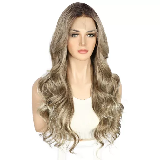 Sapphirewigs Hnedá Melírovaná Parochňa s Čipkovou Prednou Časťou - Vlnité Syntetické Vlasy, 66 cm, 150% Hustota, Prirodzený Vzhľad, Transparentná Čipka