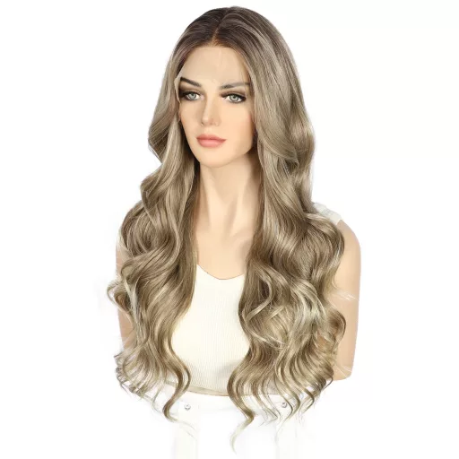 Sapphirewigs Hnedá Melírovaná Parochňa s Čipkovou Prednou Časťou - Vlnité Syntetické Vlasy, 66 cm, 150% Hustota, Prirodzený Vzhľad, Transparentná Čipka