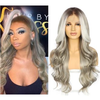   Sapphirewigs Sivá Parochňa - 13x4 Čipkovaná Predná Vlnitá Syntetická Parochňa, 66 cm Dlhý Tepelne Odolný Balayage Parochňa na Každodenné Nosenie