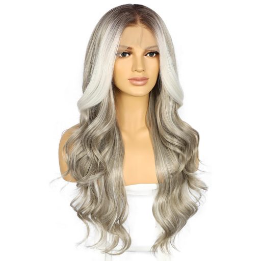 Sapphirewigs Sivá Parochňa - 13x4 Čipkovaná Predná Vlnitá Syntetická Parochňa, 66 cm Dlhý Tepelne Odolný Balayage Parochňa na Každodenné Nosenie