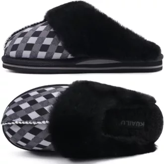   KuaiLu Női Puha Plüss Papucs Zárt Téli Meleg Mamusz Memory Foam Talpbetéttel Csúszásmentes Talp Fekete Kockás Beltéri Kültéri