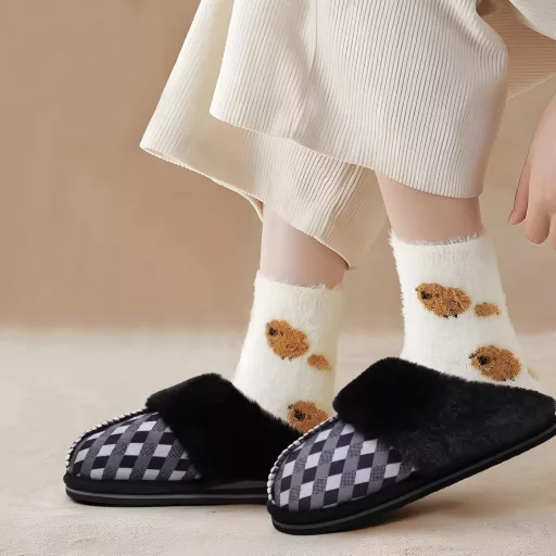 KuaiLu Női Puha Plüss Papucs Zárt Téli Meleg Mamusz Memory Foam Talpbetéttel Csúszásmentes Talp Fekete Kockás Beltéri Kültéri