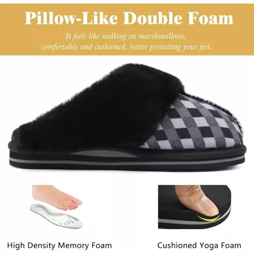 KuaiLu Női Puha Plüss Papucs Zárt Téli Meleg Mamusz Memory Foam Talpbetéttel Csúszásmentes Talp Fekete Kockás Beltéri Kültéri