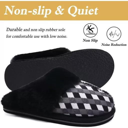 KuaiLu Női Puha Plüss Papucs Zárt Téli Meleg Mamusz Memory Foam Talpbetéttel Csúszásmentes Talp Fekete Kockás Beltéri Kültéri